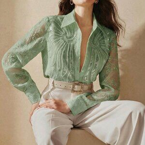 Green Casual Women's Beaded Sequin Collar Long Sleeve Blouse